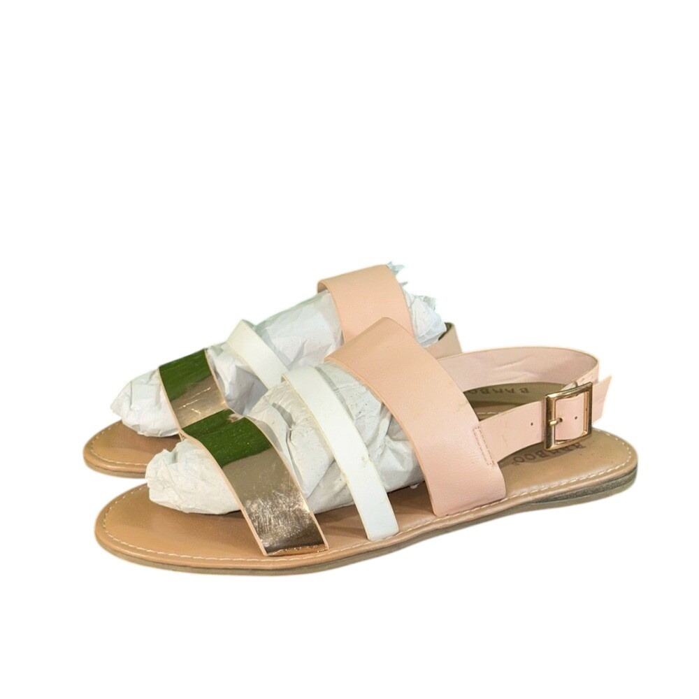 Bamboo Pink White Gold Flat Sandals Buckle Slingback Womens Size 9 Summer Shoes
